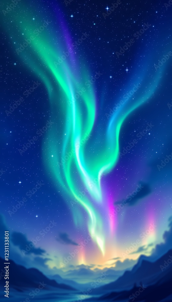 Fototapeta premium Vibrant Aurora Borealis Illuminating Night Sky Over Serene Mountains and Calm Water