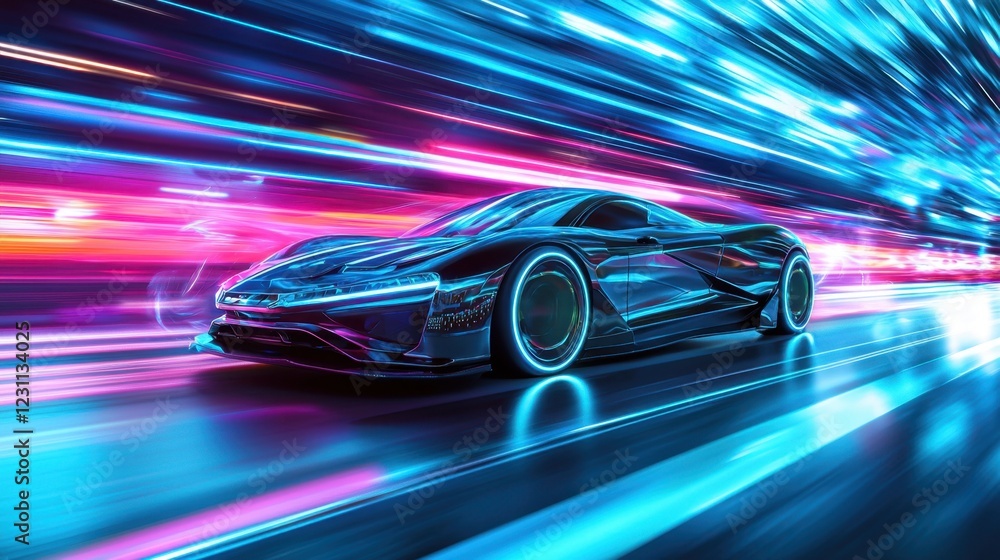 Dynamic Motion of a Futuristic Sports Car in Neon Lights Dynamic Motion of a Futuristic Sports Car in Neon Lights