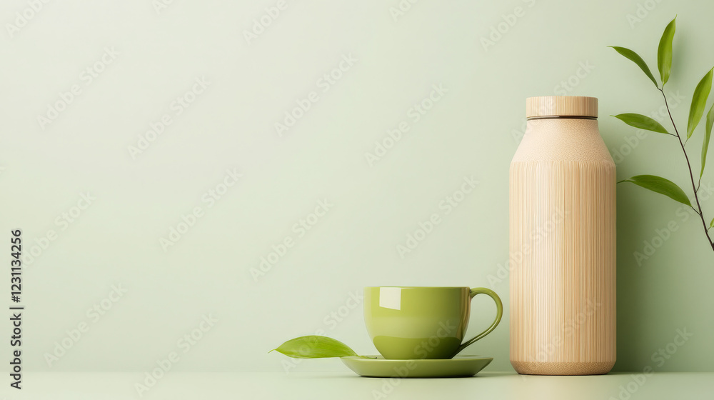 Eco-friendly lifestyle: A light beige bamboo water bottle and a sage green teacup on a pale green background. Eco-friendly lifestyle: A light beige bamboo water bottle and a sage green teacup on a pale green background.