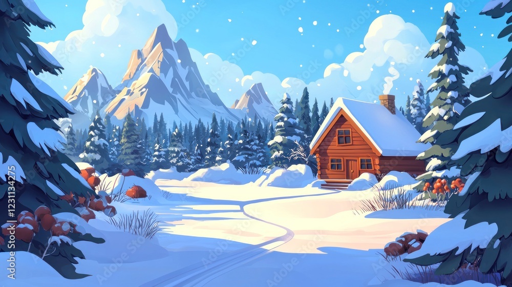 Naklejka premium Snowy Cabin Winter Wonderland: A Serene Mountain Escape