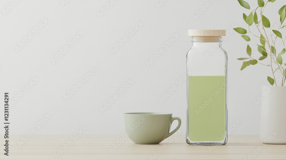 A pale green beverage in a glass bottle sits next to a matching teacup on a minimalist wooden table. Greenery adds a touch of nature to the serene scene. A pale green beverage in a glass bottle sits next to a matching teacup on a minimalist wooden table. Greenery adds a touch of nature to the serene scene.