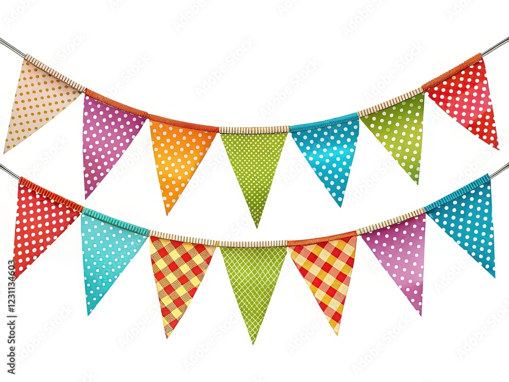 Fototapeta premium Colorful Bunting Garland Silhouette: Party Flags, Polka Dots & Checks - Perfect for Birthday, Wedding, or Festive Decor