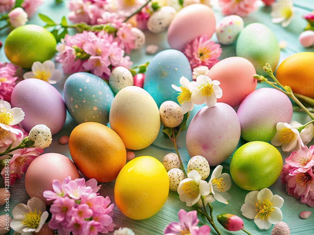 Colorful Easter Eggs & Spring Blossoms Top View - Festive Spring Background Colorful Easter Eggs & Spring Blossoms Top View - Festive Spring Background