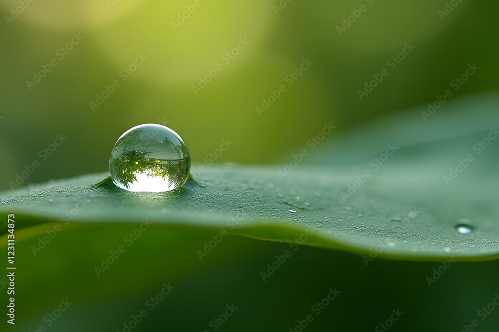 Microcosm in a water drop, Macro water droplet on leaf, miniature landscape reflection, highly detailed, realistic, blurred bokeh background. Microcosm in a water drop, Macro water droplet on leaf, miniature landscape reflection, highly detailed, realistic, blurred bokeh background.