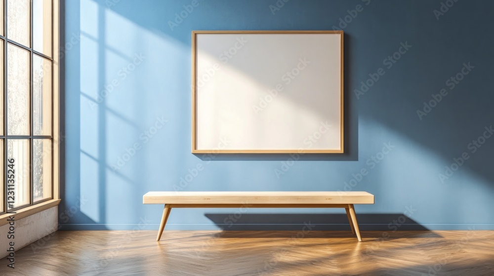 Modern gallery interior, blank canvas, sunlight, wooden bench Modern gallery interior, blank canvas, sunlight, wooden bench