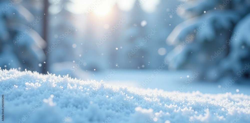 Frosty snowflakes gently falling on white ground, peaceful, winter landscape Frosty snowflakes gently falling on white ground, peaceful, winter landscape