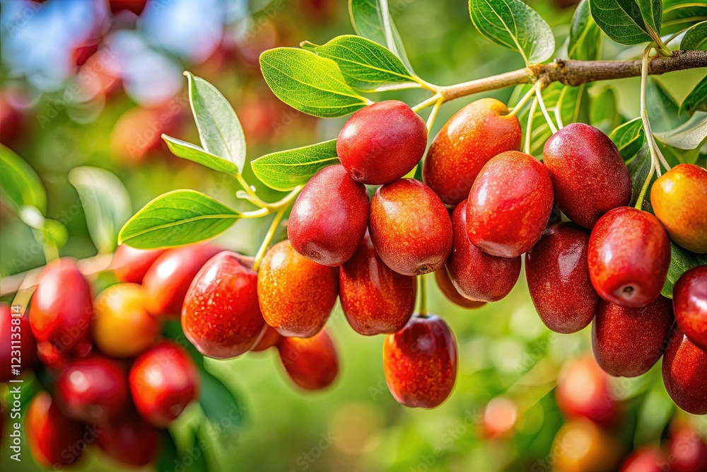 Fresh Jujubes: Vibrant Red Monkey Apples on Branch with Copy Space Fresh Jujubes: Vibrant Red Monkey Apples on Branch with Copy Space
