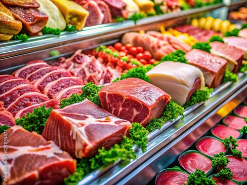 Fresh Meat Display: High-Quality Supermarket Counter Beef, Pork, and Chicken