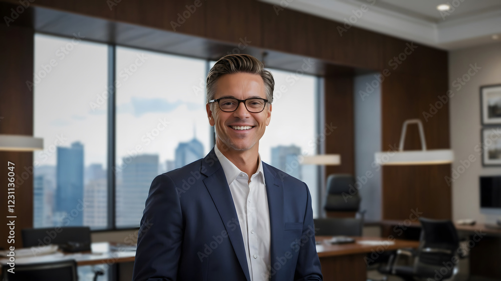 Portrait of a smiling man in a suit, standing in a modern office with a city view. Portrait of a smiling man in a suit, standing in a modern office with a city view.