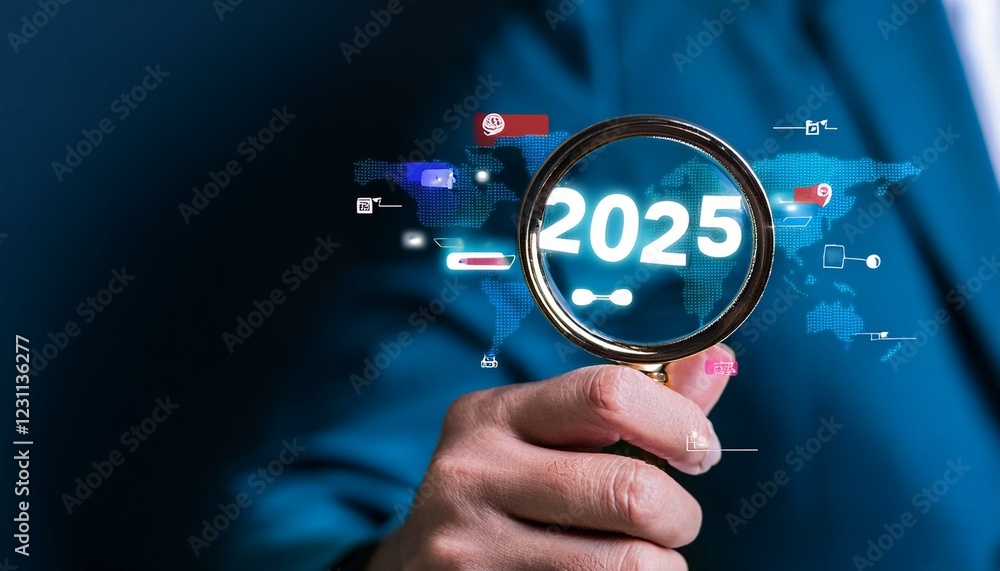 Trends 2025 year concept. Hand holding magnifying glass with 2025 trend searching Trends 2025 year concept. Hand holding magnifying glass with 2025 trend searching