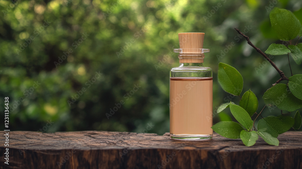A bottle of essential oil sits on a wooden surface, surrounded by lush greenery. Natural and calming. A bottle of essential oil sits on a wooden surface, surrounded by lush greenery. Natural and calming.