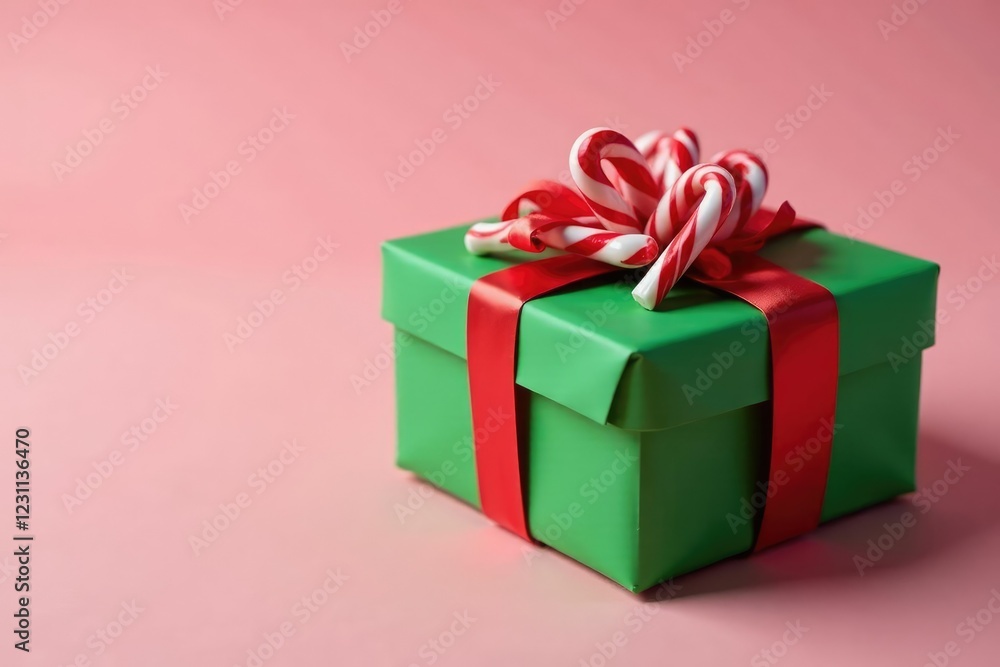 Gift box wrapped in red and green paper with candy canes on top, wrapping, green Gift box wrapped in red and green paper with candy canes on top, wrapping, green