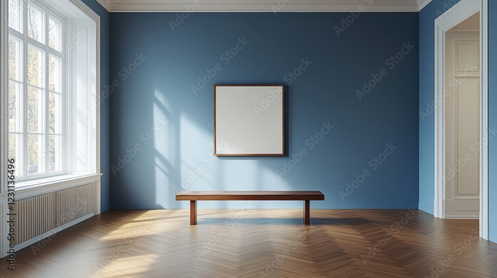 Empty gallery, sunlit hardwood floor, blank frame, modern bench, design mockup Empty gallery, sunlit hardwood floor, blank frame, modern bench, design mockup