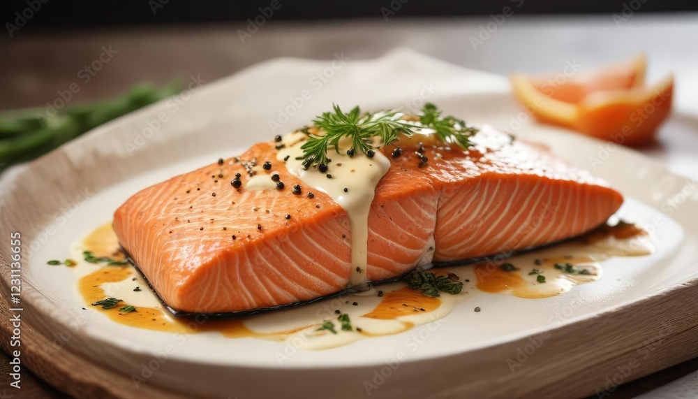 Salmon fillet with creamy sauce drizzled over the top, main course, bacon roasted salmon Salmon fillet with creamy sauce drizzled over the top, main course, bacon roasted salmon