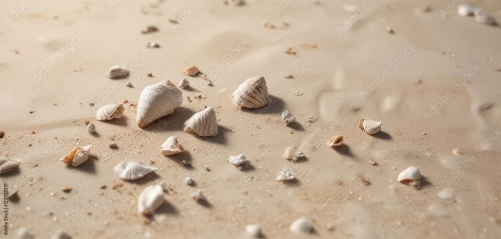 Seashells scattered on the powdery beach sand,, summer, relaxation