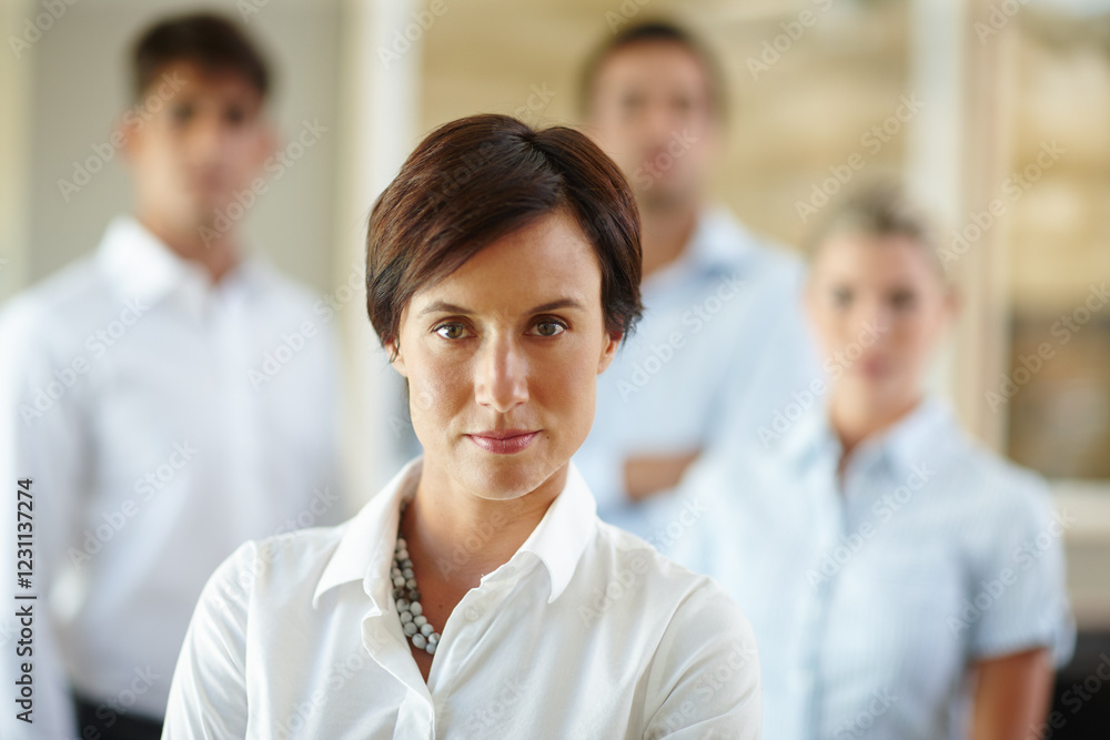 Portrait, leader or serious businesswoman with staff in office for career growth or teamwork in company. Colleagues, face or proud hr manager in startup agency with confidence for mission in Germany