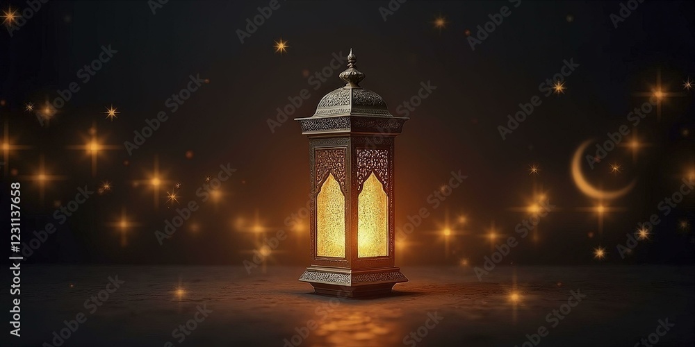 Detailed Lantern with Golden Light and Crescent Moon on Starry Background Detailed Lantern with Golden Light and Crescent Moon on Starry Background