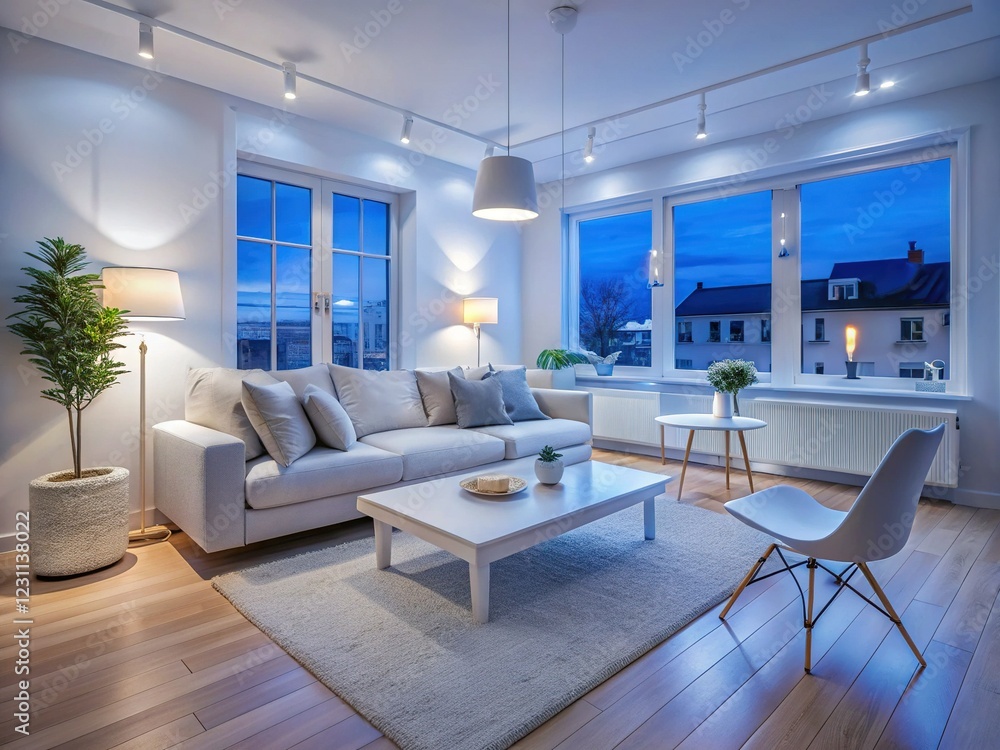 Fototapeta premium Modern Scandinavian Minimalist Living Room Interior - Night Photography