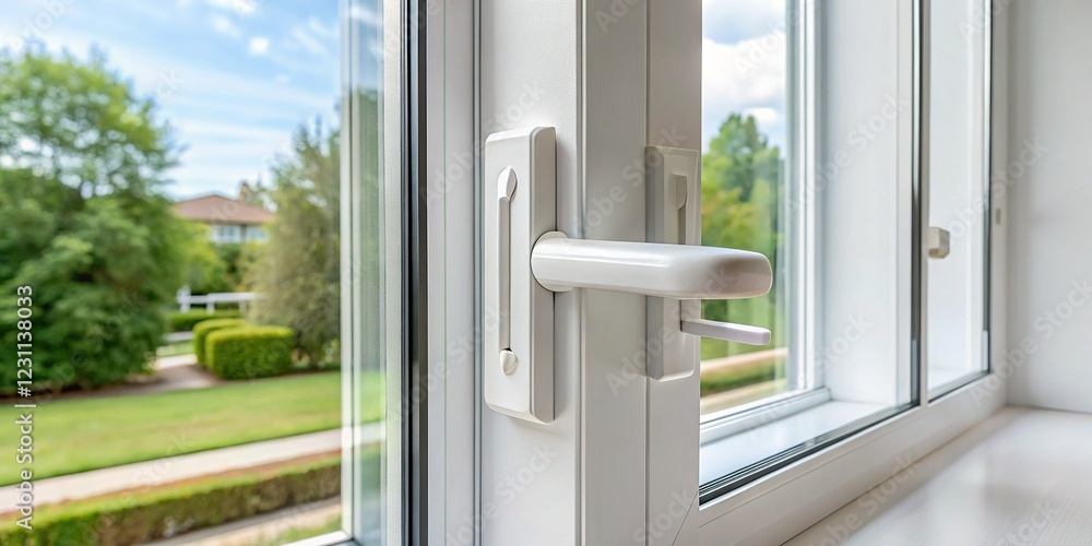 Modern PVC Window Profile Close-up with Sleek Handle & Balcony Railing - Residential Home Improvement Modern PVC Window Profile Close-up with Sleek Handle & Balcony Railing - Residential Home Improvement
