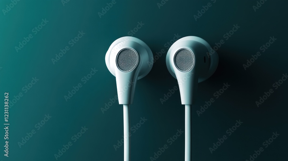 White earphones on teal background, music audio concept White earphones on teal background, music audio concept