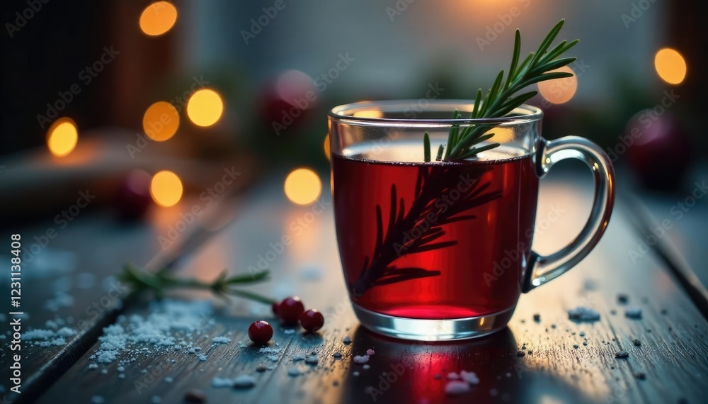 Mulled wine in a glass with a sprig of rosemary and Christmas lights reflected on the surface, christmas lights, winter evening, Mulled wine in a glass with a sprig of rosemary and Christmas lights reflected on the surface, christmas lights, winter evening,