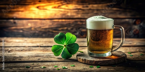 St. Patrick's Day: Shamrock Floating in Beer Mug on Rustic Wood â€“ Stock Photo
