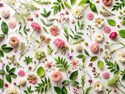 Valentine's Day Floral Flat Lay: Delicate Pink & Beige Wildflowers on White