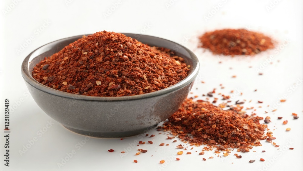 Small bowl of coarse ground red pepper flakes used as a seasoning, coarse ground red pepper, rustic ingredients, flavorful spices, traditional condiments, gourmet food presentation Small bowl of coarse ground red pepper flakes used as a seasoning, coarse ground red pepper, rustic ingredients, flavorful spices, traditional condiments, gourmet food presentation