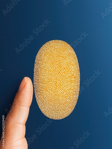 fingerprint anti biometri, anonymity tracking concept. A hand holds a golden fingerprint against a blue background, symbolizing security and identity. photo