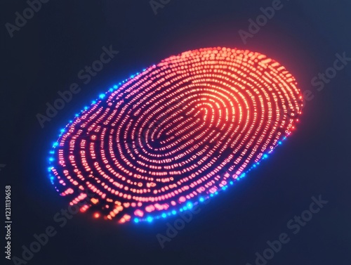 fingerprint anti biometri, anonymity tracking concept. Digital fingerprint glowing with blue and red lights on a dark background. photo