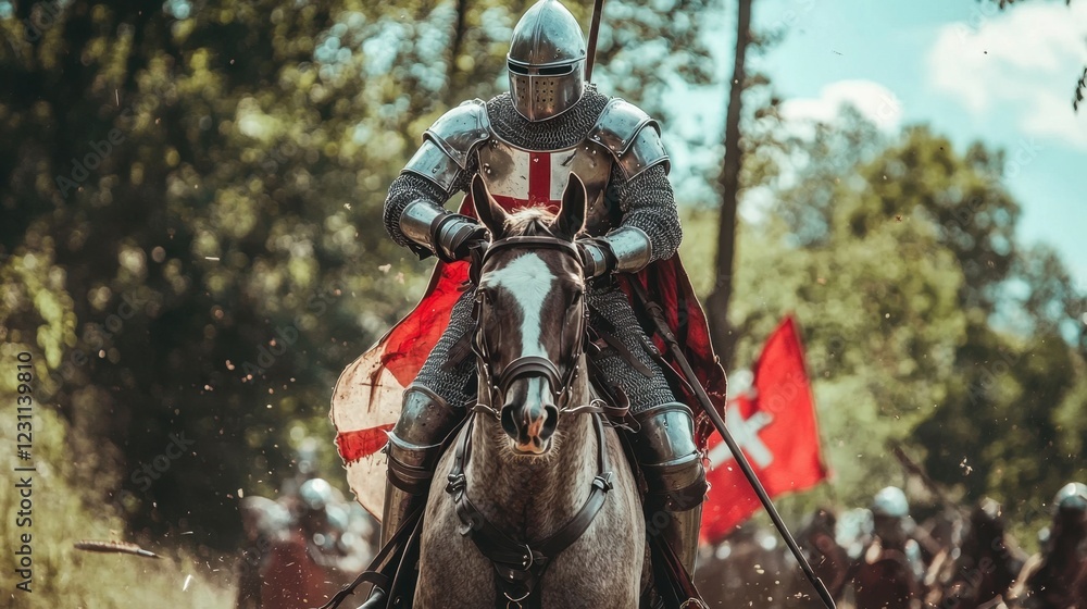 Knight in Armor Riding Horse with Red Flags in Background Knight in Armor Riding Horse with Red Flags in Background