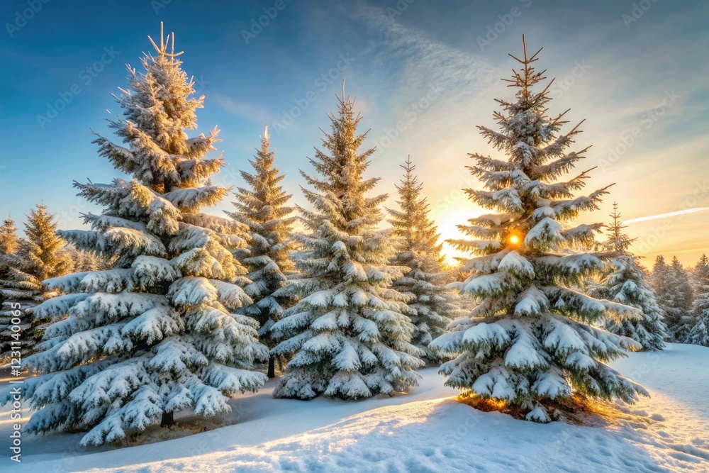 Obraz premium Snow-covered evergreen trees with bare branches and frosty morning light, natural beauty, bare branches, winter scenery