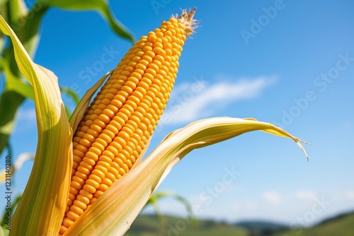 Fresh yellow corn cob against a clear sky in the countryside