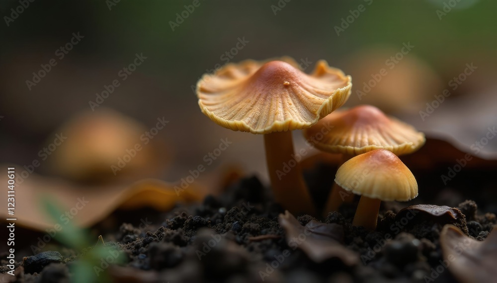 Tiny fungal caps in shades of brown and grey, blending with leaf litter, mycelium, nature, fungi Tiny fungal caps in shades of brown and grey, blending with leaf litter, mycelium, nature, fungi