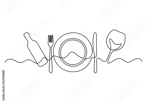 Continuous single line drawing of plate fork knife bottle of wine and glass menu food design vector illustration