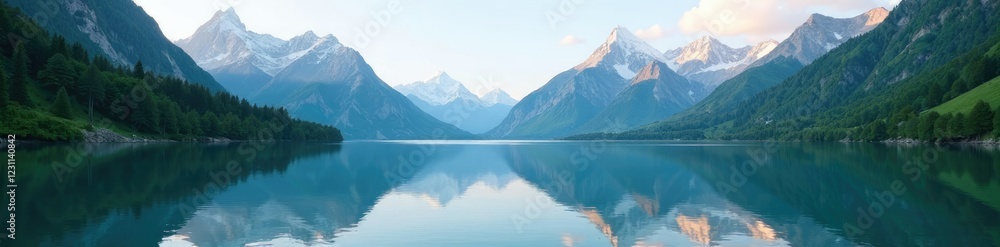 Towering peaks reflected in still lake waters, natural, serene Towering peaks reflected in still lake waters, natural, serene