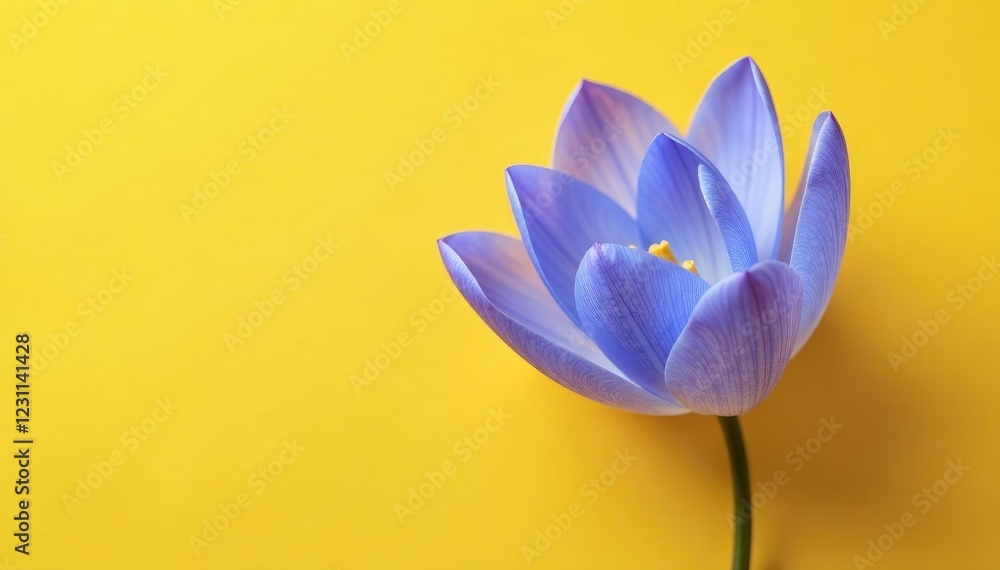 Fototapeta premium Soft blue petals unfurl on a yellow background, nature, purple, botanical