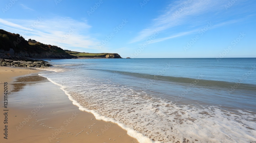 Serene Sandy Beach with Gently Rolling Waves and Coastal Cliffs Under a Blue Sky Serene Sandy Beach with Gently Rolling Waves and Coastal Cliffs Under a Blue Sky