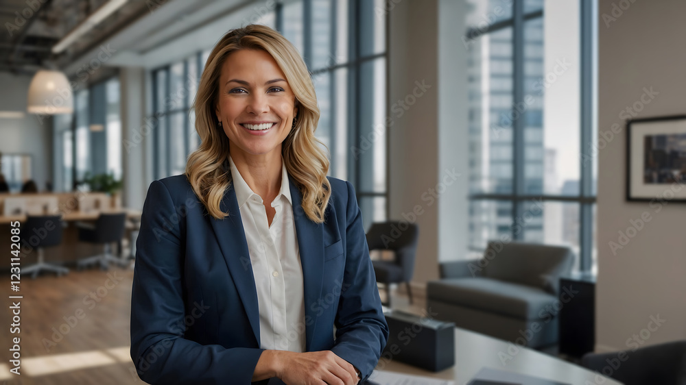 Confident businesswoman smiling in a modern office setting. Professional and successful, she embodies corporate leadership. Confident businesswoman smiling in a modern office setting. Professional and successful, she embodies corporate leadership.