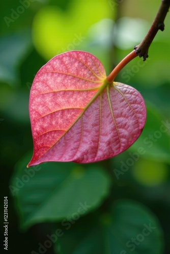 Soft pink bodhi leaf on a branch with golden brown stem, nature, bodhi tree photo