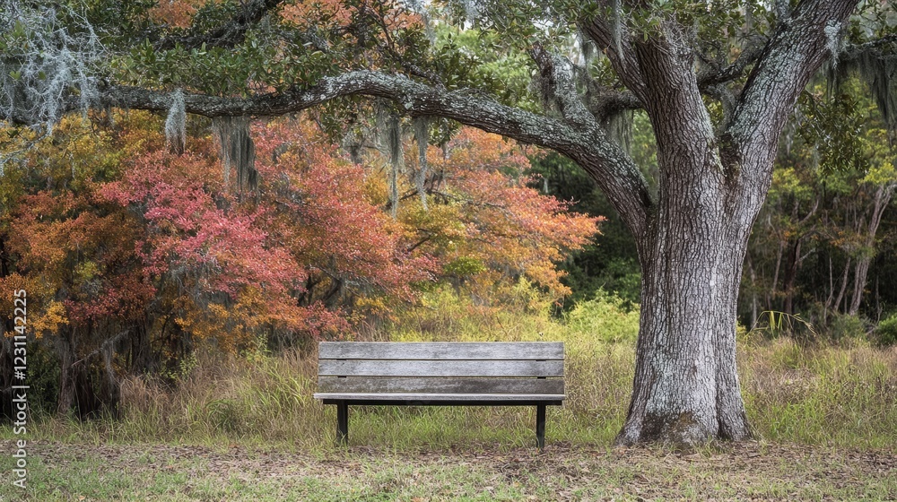Empty bench waiting for a visitor between a Southern Live Oak tree and an Eastern Red Juniper tree in a Florida forrest Empty bench waiting for a visitor between a Southern Live Oak tree and an Eastern Red Juniper tree in a Florida forrest