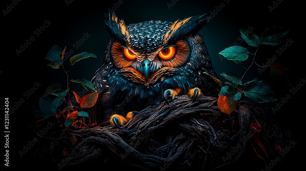 Majestic owl perched on a twisted branch, glowing eyes piercing the dark forest backdrop Majestic owl perched on a twisted branch, glowing eyes piercing the dark forest backdrop