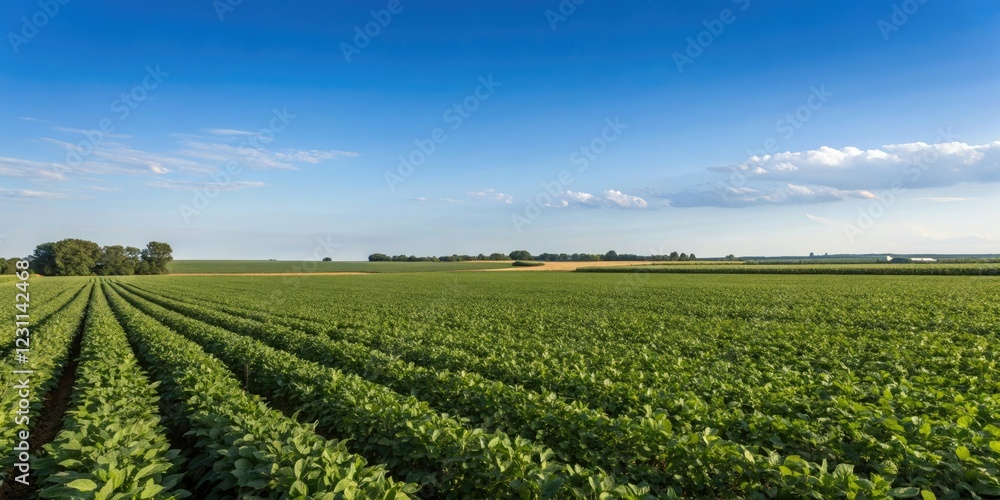 Soybean fields stretching as far as the eye can see under the warmth of a clear blue summer sky with no clouds in sight, landscape, countryside, farming practices, vast fields