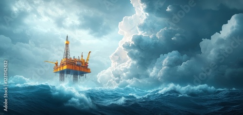 A vibrant offshore oil platform rises above turbulent waves under a dramatic sky filled with dark clouds and sunlight breaking through.