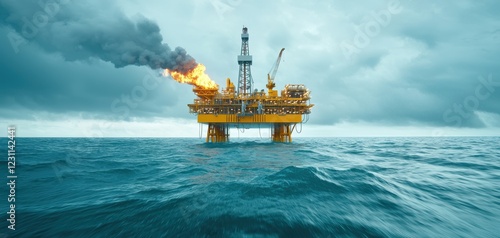 A massive offshore oil rig is seen amidst turbulent waters, with flames and dark smoke rising against a cloudy sky.