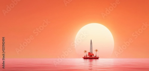 A serene sunset over calm waters, featuring an oil rig silhouetted against a large, glowing sun, creates a tranquil and picturesque scene.