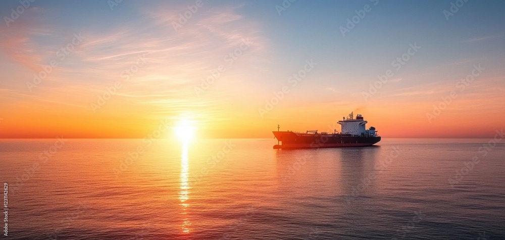 A serene sunset over calm waters, featuring a Oil tanker silhouetted against the vibrant sky, creating a picturesque maritime scene. A serene sunset over calm waters, featuring a Oil tanker silhouetted against the vibrant sky, creating a picturesque maritime scene.