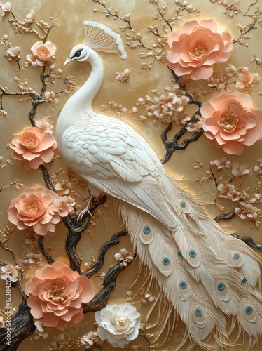 White peacock amidst peach blossoms; elegant 3D art; home decor