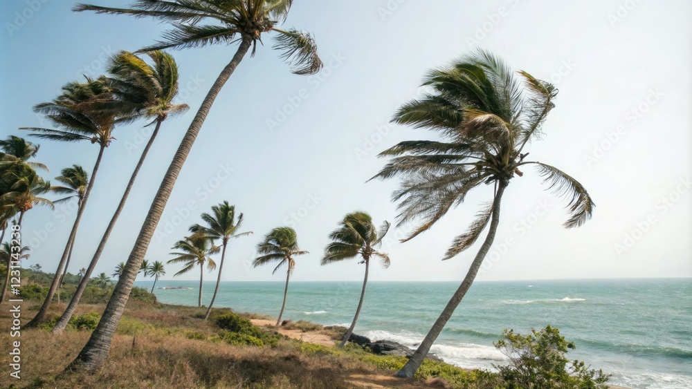 Palm trees swaying gently in ocean breeze, relaxation, scenery, solitude, water Palm trees swaying gently in ocean breeze, relaxation, scenery, solitude, water