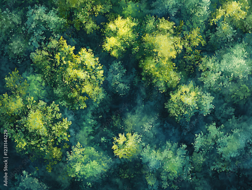 An aerial view of a dense forest canopy. abstract watercolor paintings. An aerial view of a dense forest canopy. abstract watercolor paintings.